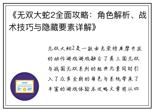 《无双大蛇2全面攻略:角色解析、战术技巧与隐藏要素详解》